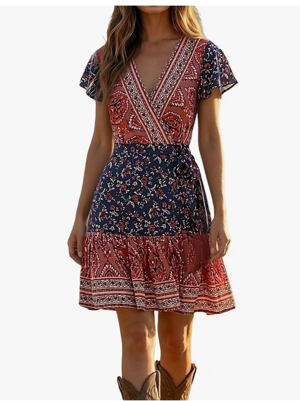 Bohemian Floral Wrap Dress features a distinctive mixed-print design medium 6